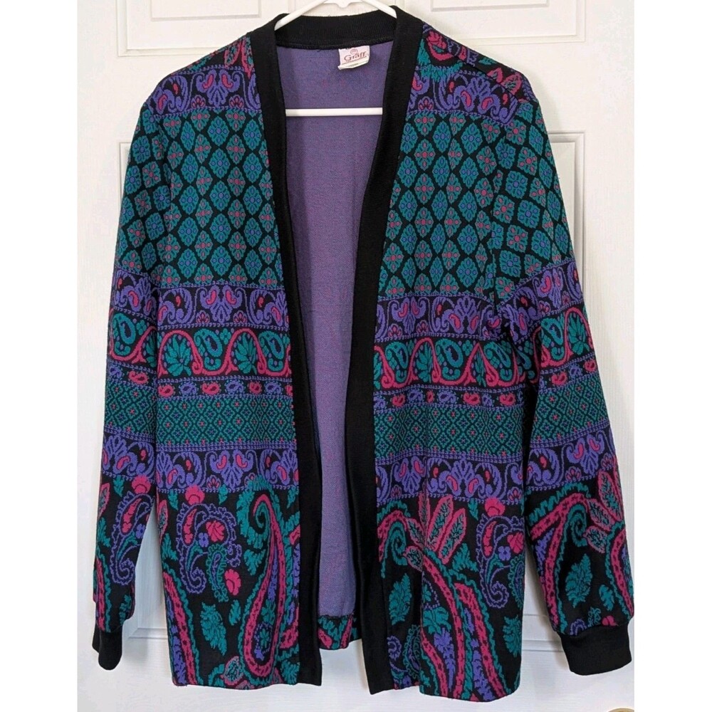VTG Graff Cardigan Sweater Womens 12 Black Purple Green Paisley Coogie Style